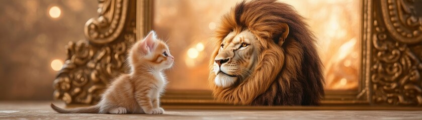 A kitten gazes curiously at a majestic lion, reflecting the beauty of nature and the bond between different species.