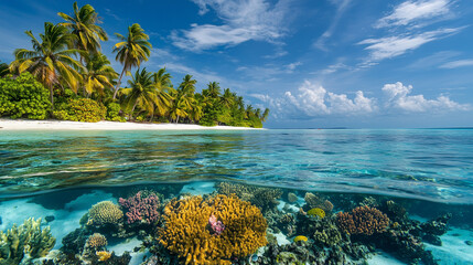 A beautiful tropical beach with clear blue sky, palm trees, white sand, and vibrant coral reefs in crystal-clear waters.