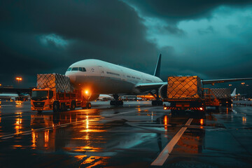 At the airport, cargo planes are loading and unloading goods