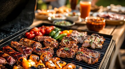 Close-up of Grilled Meat and Peppers on a Barbecue Grill