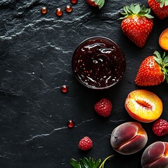 Wall Mural - A bowl of homemade jam with fresh raspberries, strawberries, and peaches on a dark background.