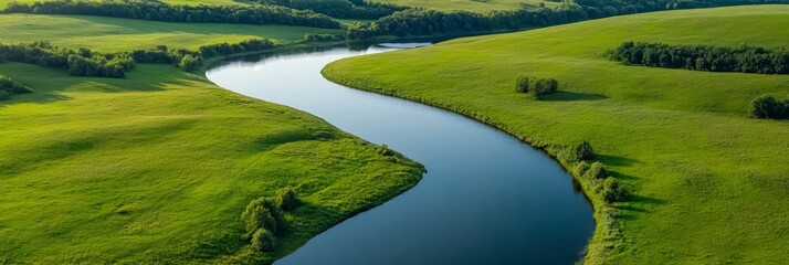 Wall Mural - Aerial view of a winding river snaking through lush green fields and rolling hills, showcasing the beauty of nature and the tranquility of rural landscapes.