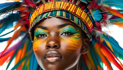 Wall Mural - Vibrant Portrait of Young Woman Adorned with Feathers, Celebrating African Tribal Colors Against a White Background