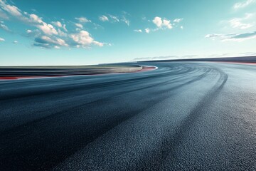 An empty asphalt race track curves towards the horizon under a blue sky with white clouds. The track is perfect for showcasing speed, power, and performance.  It symbolizes freedom, adventure, and the