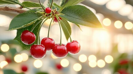 Red Cherries on a Branch with Bokeh Lights