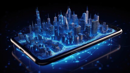 Wall Mural - A futuristic city model displayed on a smartphone with glowing blue lines emanating from it.