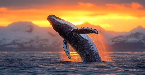 A humpback whale breaching against a stunning sunset backdrop.