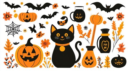 Poster - Halloween Clipart Set with Pumpkins  Bats  Black Cat and Autumn Leaves