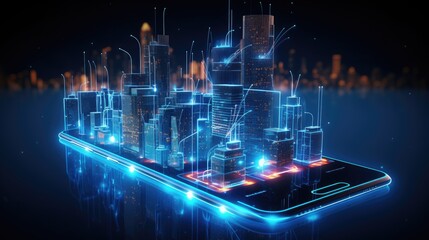 Wall Mural - A digital city skyline with glowing lights and lines on a smartphone.