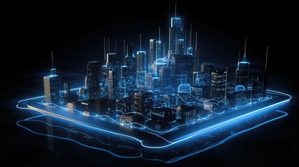 Wall Mural - Futuristic cityscape with glowing blue lines.