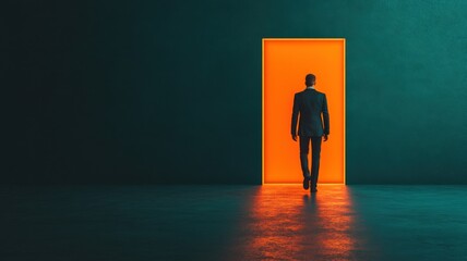 A silhouette of a man walking towards an illuminated door, symbolizing opportunity and new beginnings in a dark environment.