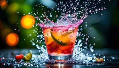 Vibrant cocktail glasses splashing water against a dark background, perfect for summer celebrations and lively parties