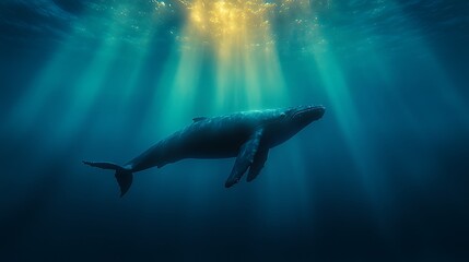 A majestic whale swimming gracefully in illuminated waters.