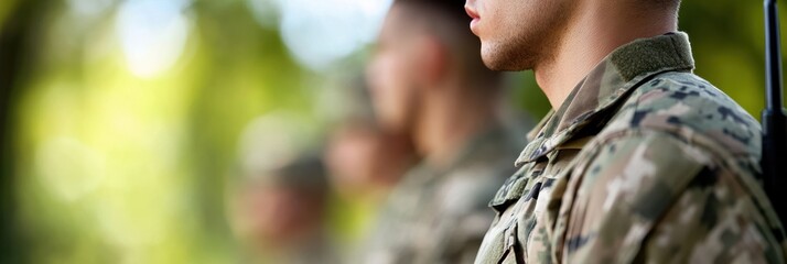 Wall Mural - Group of soldiers in military uniforms standing in attention outdoors, reflecting discipline, duty, and patriotism in a natural setting with focused expressions.