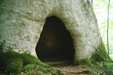 Mystical Forest Hideaway with Glowing Door in Ancient Tree