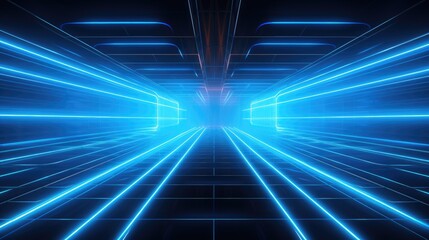 Wall Mural - Abstract futuristic tunnel with glowing blue neon lines and a vanishing point.