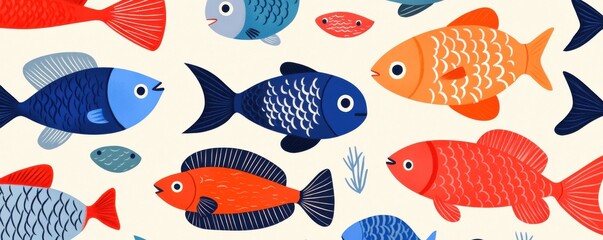 A vibrant illustration of various colorful fish swimming together in a cheerful underwater scene, perfect for aquatic themes.