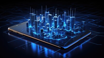 Wall Mural - A futuristic cityscape rendered in blue light, emerging from a smartphone screen, symbolizing the intersection of technology and urban living.