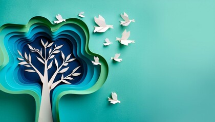 Wall Mural -  tree with flying birds in layered paper form in the middle for writing notes