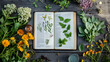 © aun - A wild plant identification guidebook open to a page on edible plants, with various samples laid out next to it