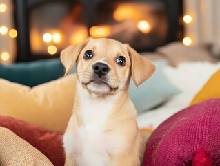 Adorable puppy sitting comfortably on colorful pillows in a cozy room with warm lighting, radiating joy and cuteness.