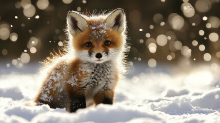 Brown fox cubs in the snow field winter spread