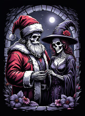 Wall Mural - Gothic Love Story: Skeleton Santa Claus and Witch Bride Portrait