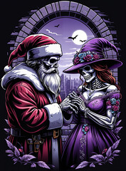 Wall Mural - Gothic Skeleton Couple: Santa and Witch's Wedding Day