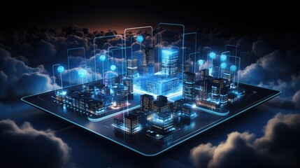 Poster - Futuristic cityscape emerging from a smartphone screen in the clouds, representing digital transformation.