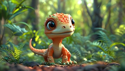 Charming 3D Cartoon Baby Dinosaur in a Vibrant Forest Setting