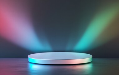 Aufkleber - Minimalist Glossy Metal Podium Mockup with Iridescent Light Beams on Dark Reflective Background