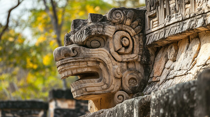 Close-up of an ancient stone sculpture of a jaguar head against a backdrop of lush greenery and historical ruins in the background, highlighting intricate carvings.