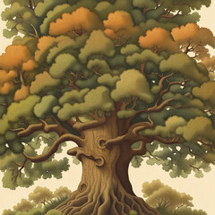 Wall Mural - background illustration of a large shady oak tree