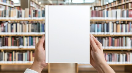 Blank Book Cover Mockup with Blurred Bookshelf Background