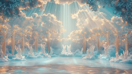 Wall Mural - Heavenly Angels in a Dreamy Cloud Forest with Golden Light