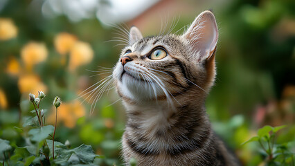 This is a picture of a tabby kitten in a garden.