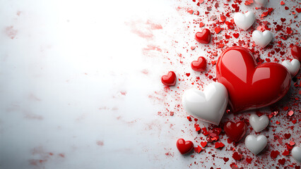 there are red and white hearts on a light gray background,space for text.