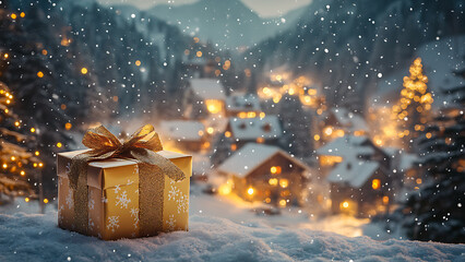 a gold-colored gift with a ribbon lies on the snow with a residential background.