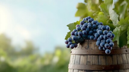 Freshly Harvested Grapes in a Wine Barrel, symbolizing the harvest, winemaking, nature, abundance, and tradition.