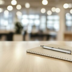 Aufkleber - Bright Office with Light Wood Table for Product Display Against Blurred Background