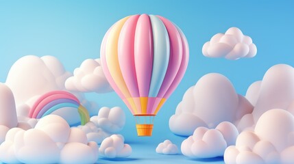 A colorful hot air balloon floats above fluffy clouds and a rainbow.