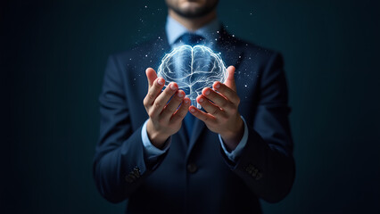 Businessman holding glowing brain on dark background AI network of brain on business analysis innovative growth development and overall business success