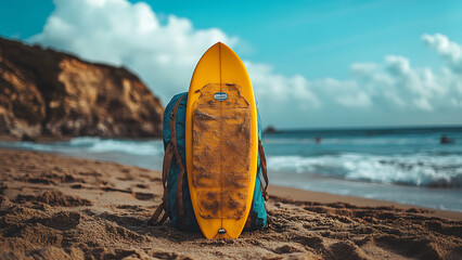 A yellow surfboard and a blue backpack on a sandy beach.