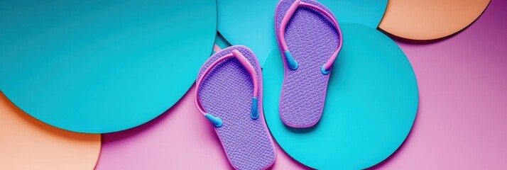 beach slippers in foreground multicolored abstract backgrounds, flowing organic shapes, bold contrasting colors, turquoise blue and pink gradients, minimalist modern art, vibrant digital illustration