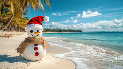 A snowman wearing a Santa hat on a beach with palm trees and snow falling. There are Christmas ornaments and leaves.