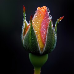 Wall Mural - A single rose bud with droplets of water on it. The droplets are in the center of the flower and are surrounded by the petals. The flower is a mix of red and yellow, giving it a vibrant