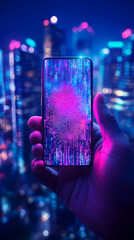 Wall Mural - Illustration of  Cybersecurity Fingerprint Scan on Smartphone in City at Night