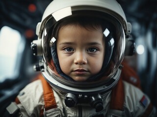 Portrait of a baby astronaut in a protective space suit