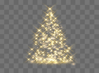 Wall Mural - Christmas tree on transparent background. Gold Christmas tree as symbol of Happy New Year, Merry Christmas holiday celebration. Golden light decoration. Bright shiny design Vector illustration