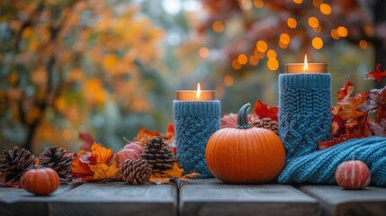 cozy autumn table setting with pumpkins, candles, and sweater | warm fall decor with canon eos rp ca